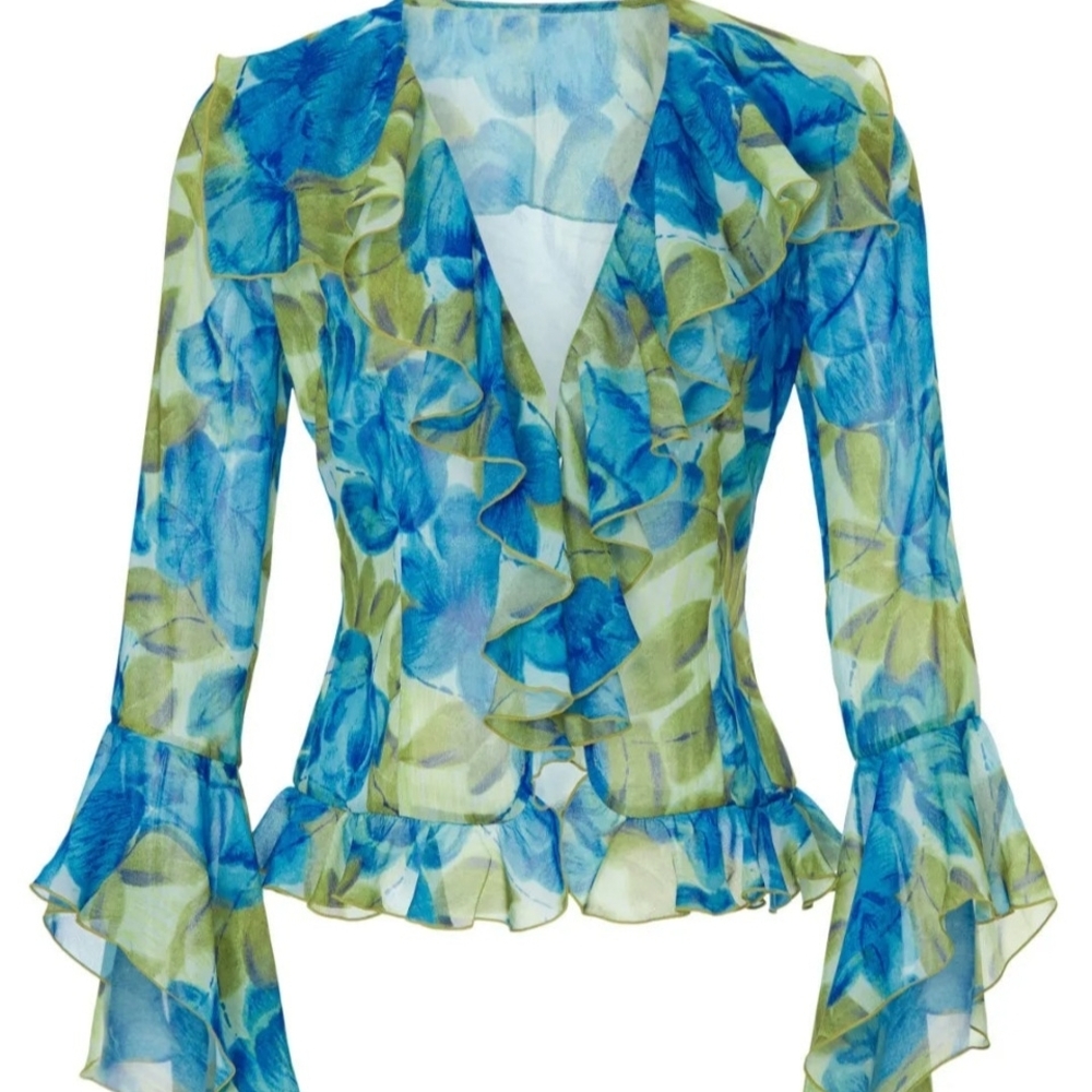 RONNY KOBO, Blue & Olive Floral Ruffle Wrap Blouse - Picture 2 of 11